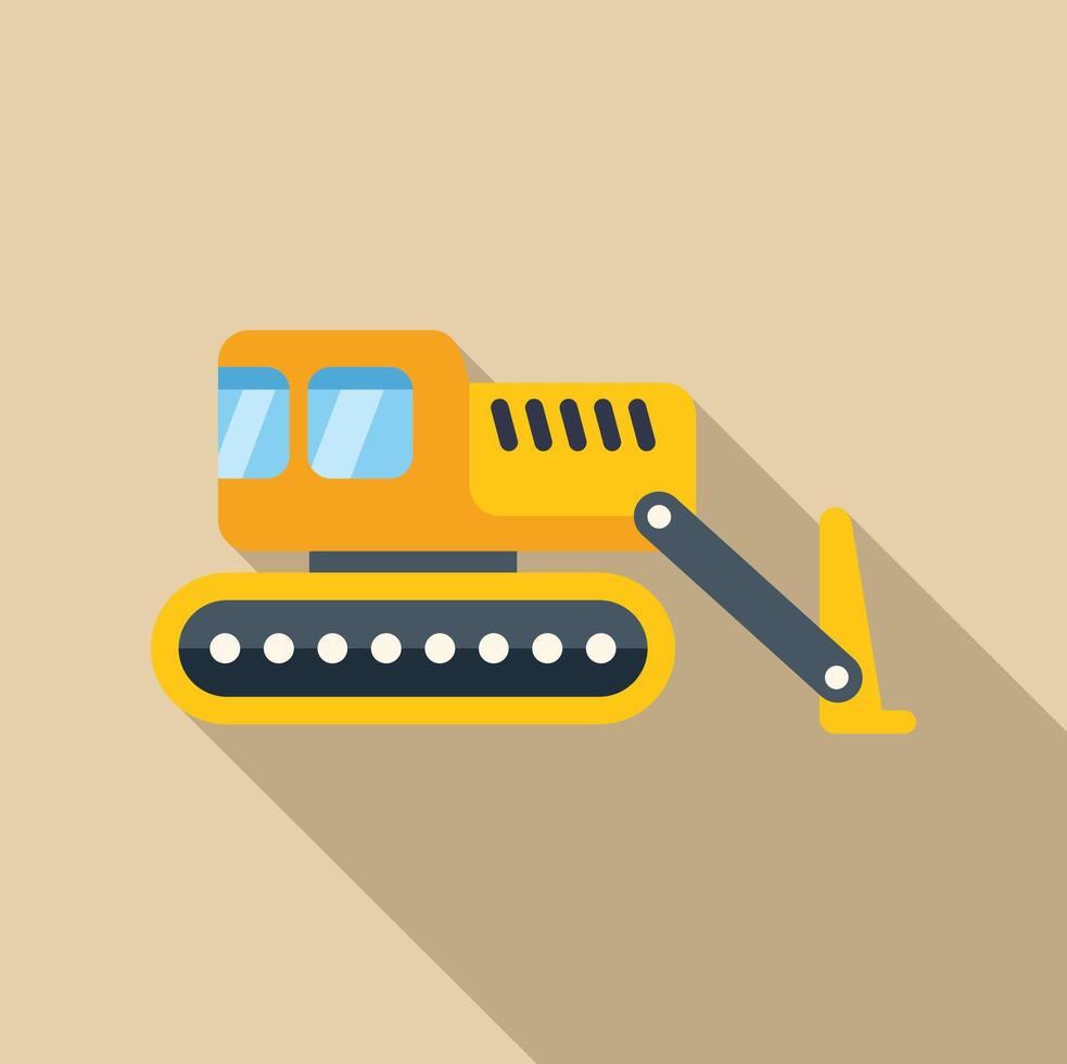 Yellow excavator digging with long shadow flat design icon vector