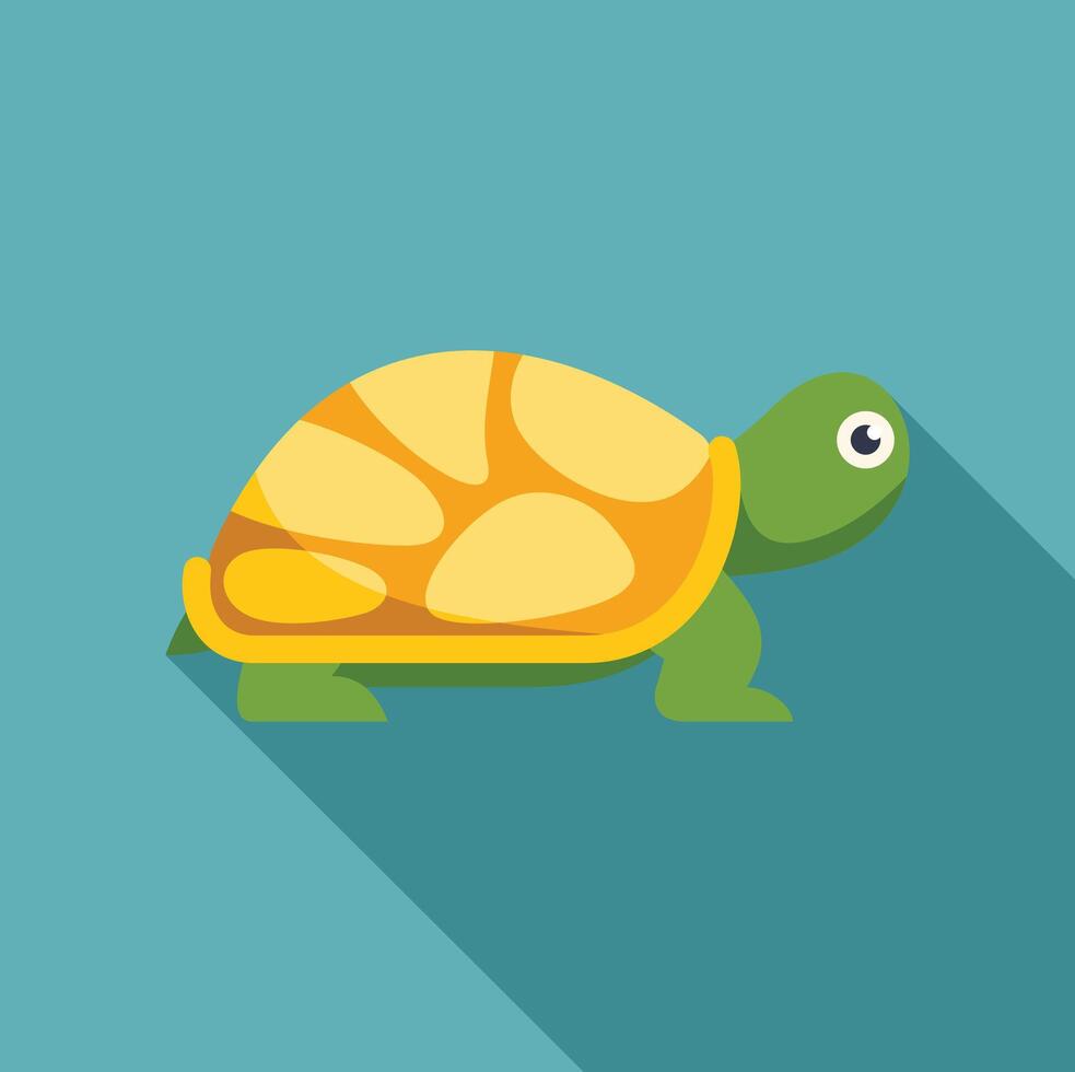 Cute green turtle walking with yellow shell flat design icon with long shadow vector