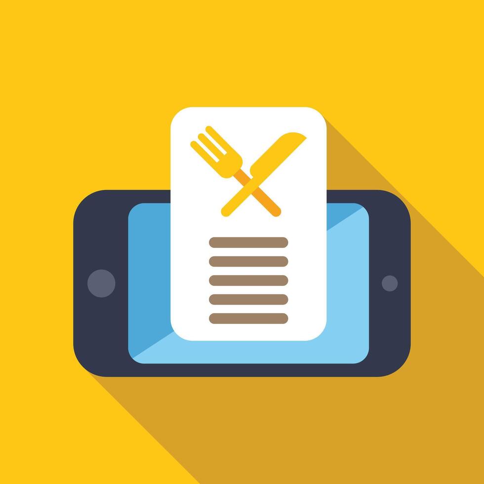 Smartphone showing online food menu with fork and knife icon vector