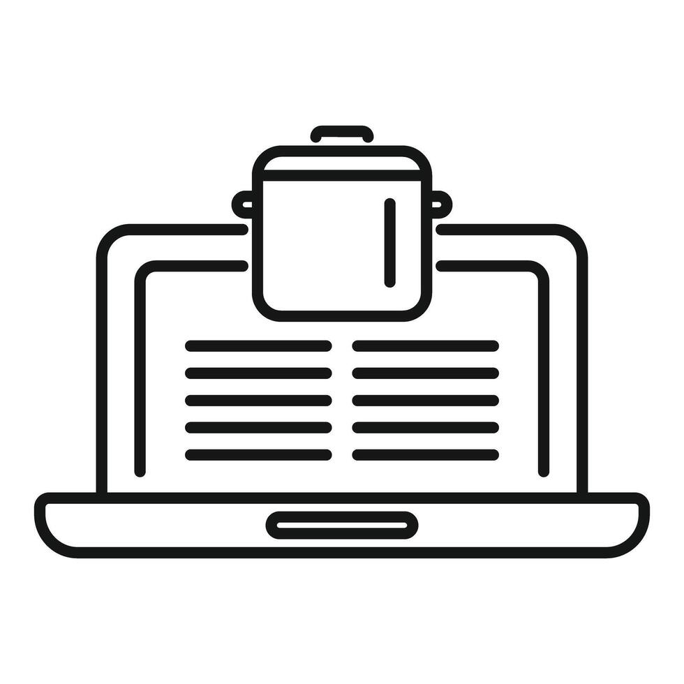 Online cooking courses using a laptop with a pan on top vector