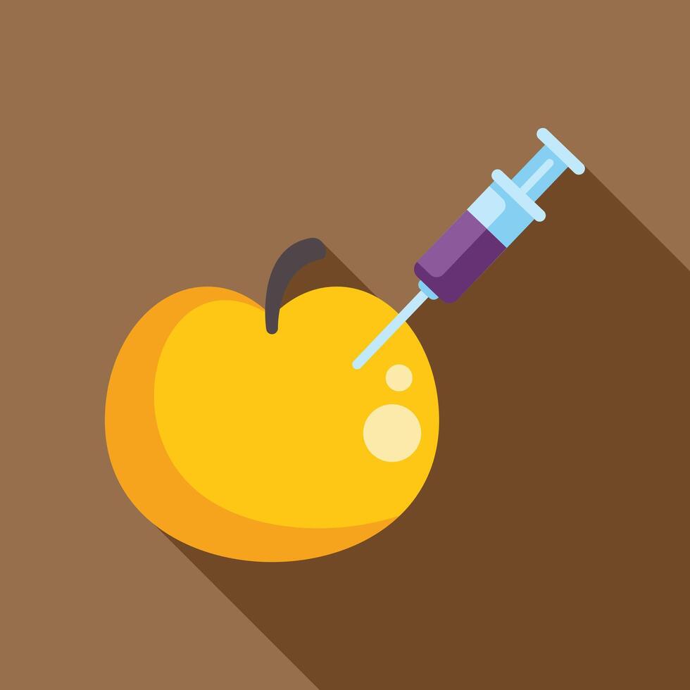 Syringe injecting chemical substance into an apple illustrating gmo food concept vector