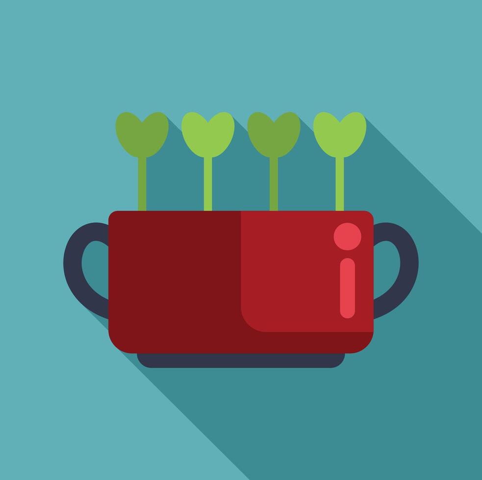 Four seedlings growing in a red pot with long shadow vector