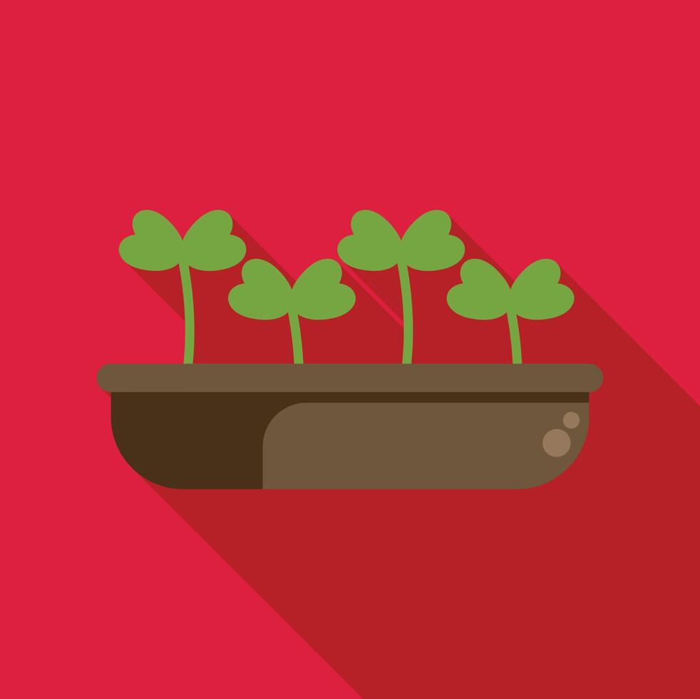 Four leaf clovers sprouting in pot with long shadow vector