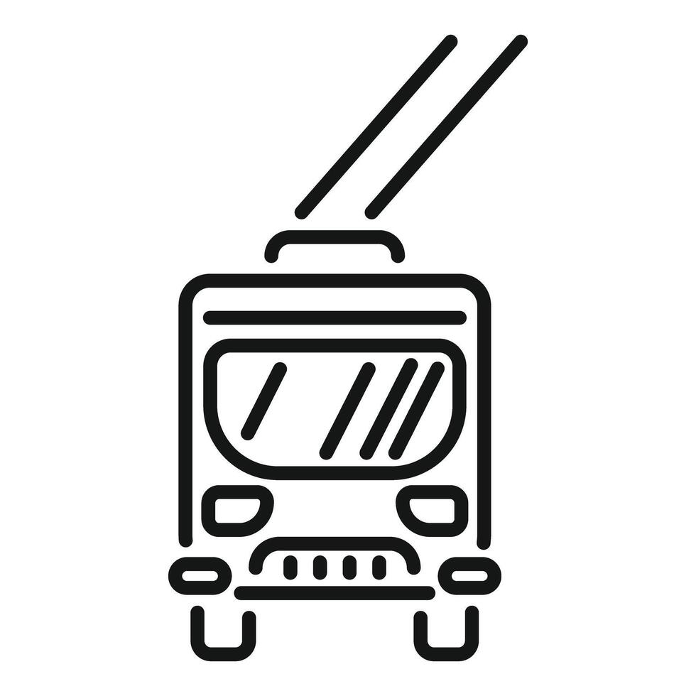 Front view of trolleybus driving with trolley poles up line art icon vector