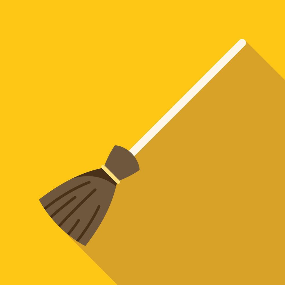 Broom with long wooden handle lying on yellow background vector