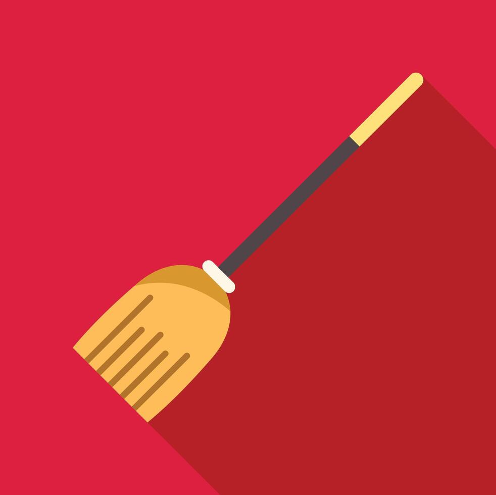 Yellow broom cleaning dustpan icon with long shadow on red background vector