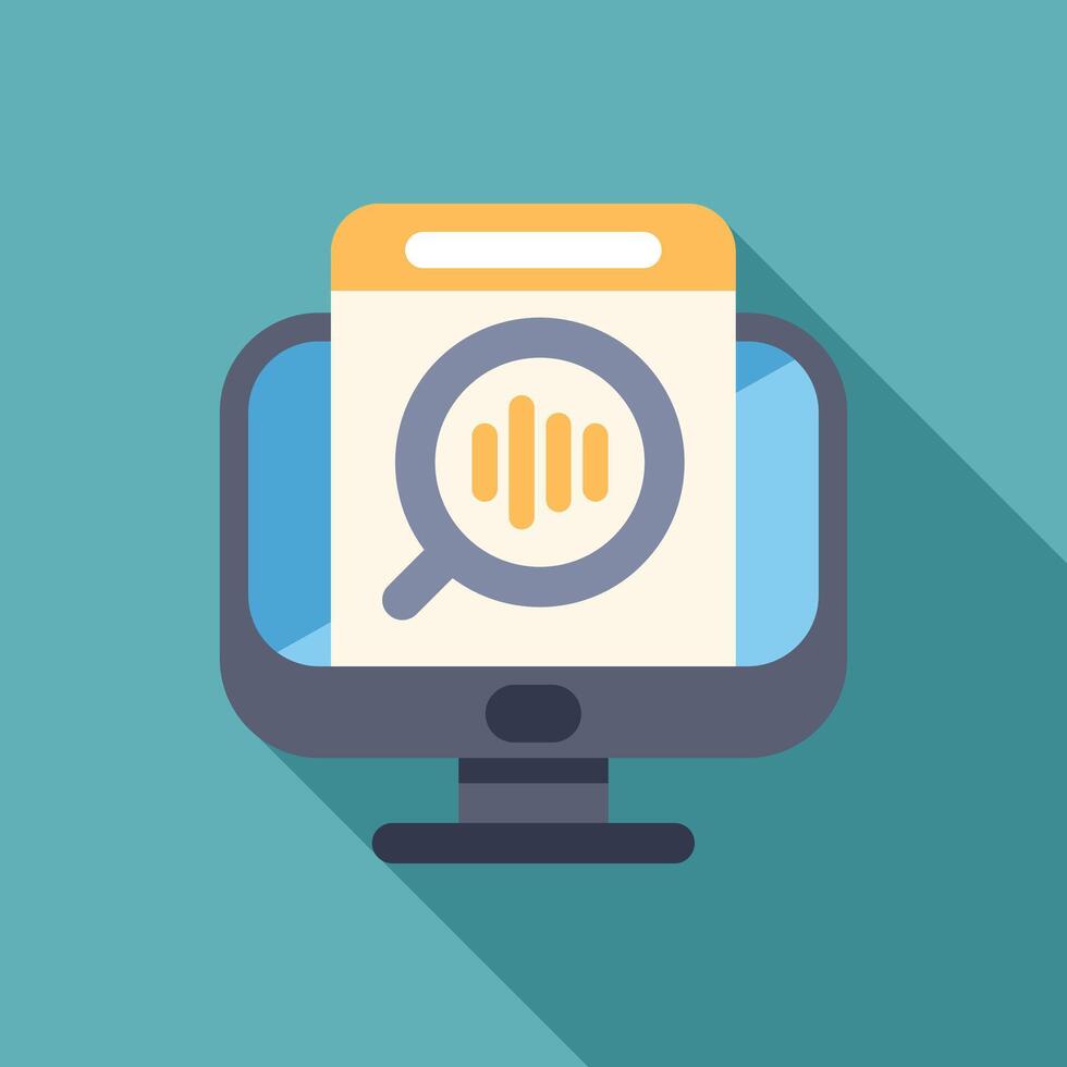 Computer showing voice search engine optimization with magnifying glass vector