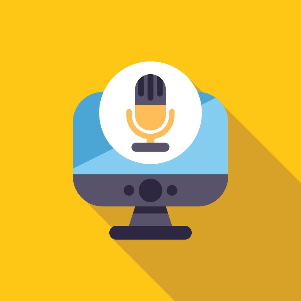 Desktop computer displaying microphone icon for podcasting and streaming vector