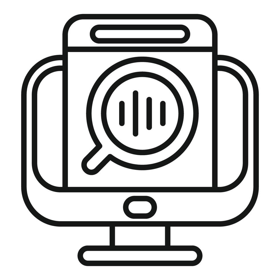 Computer showing magnifying glass analyzing bar chart icon vector