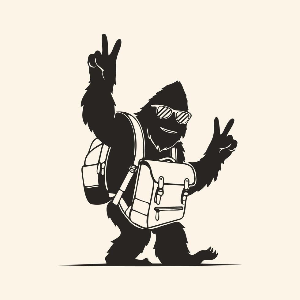 Silhouette gorilla student is walking with a bag going to school and gorilla cartoon character illustration for t shirt design vector