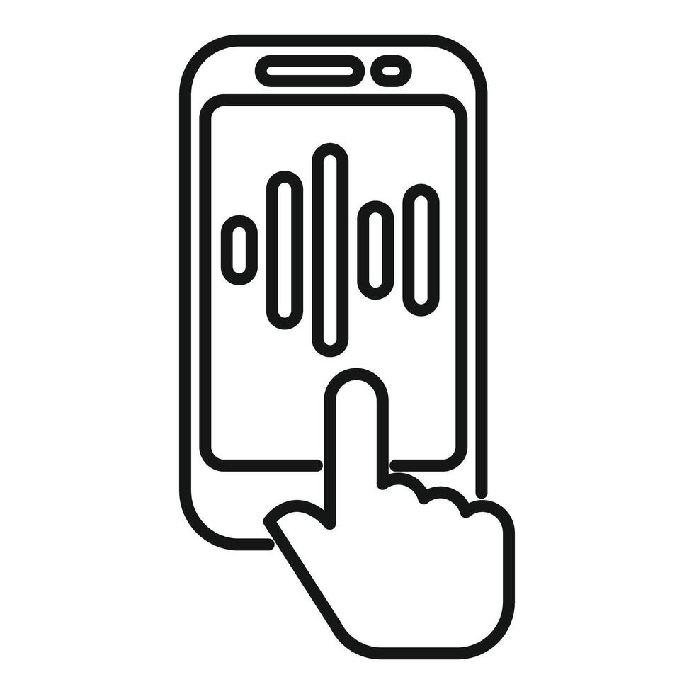 Hand touching smartphone with audio waveform displayed on screen vector