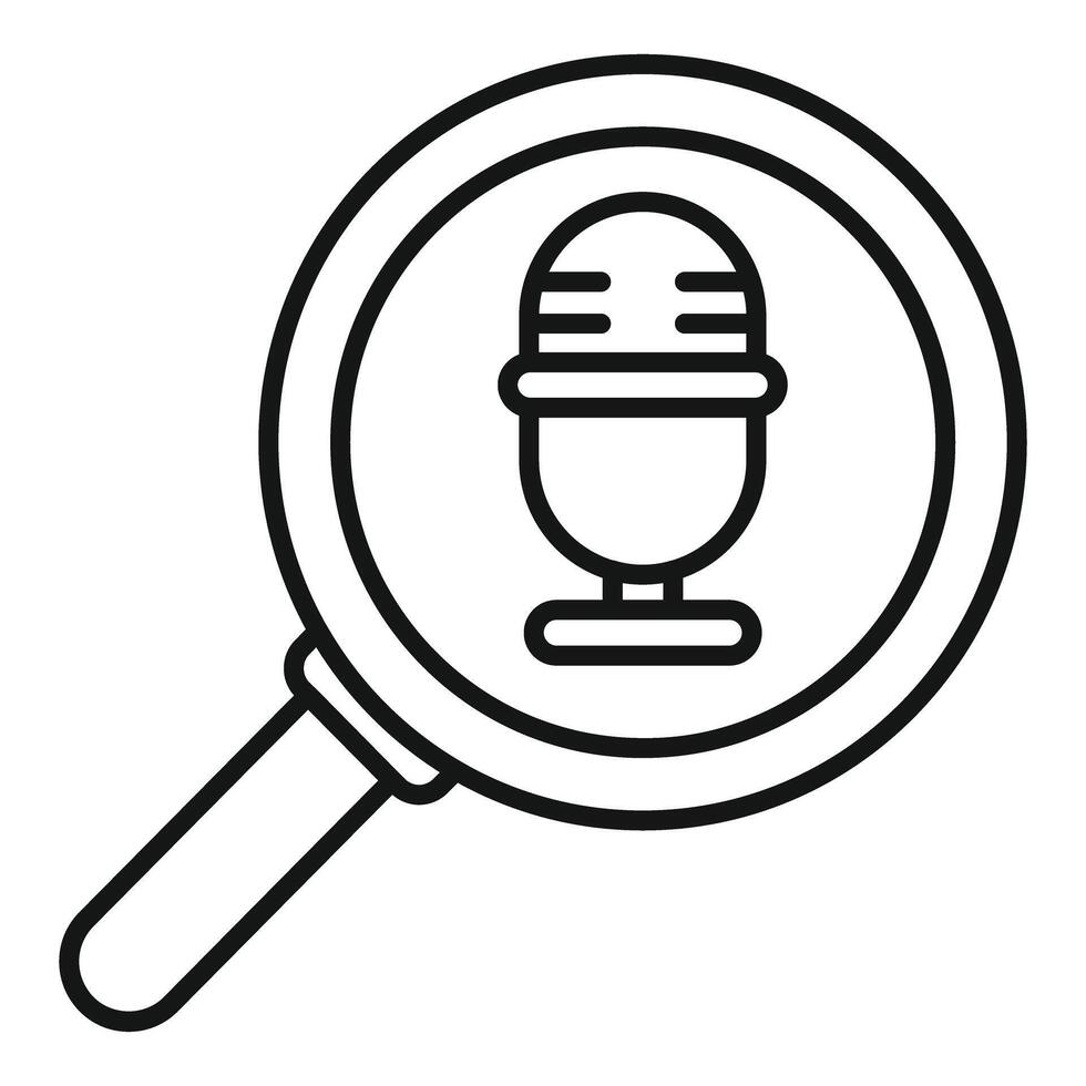 Magnifying glass focusing on podcast microphone icon vector
