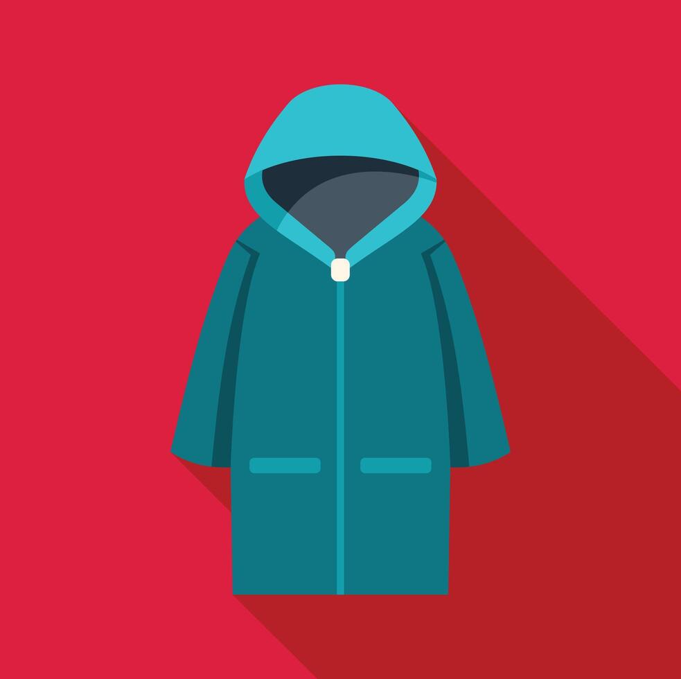 Blue raincoat protecting from rain with hood up flat design icon vector