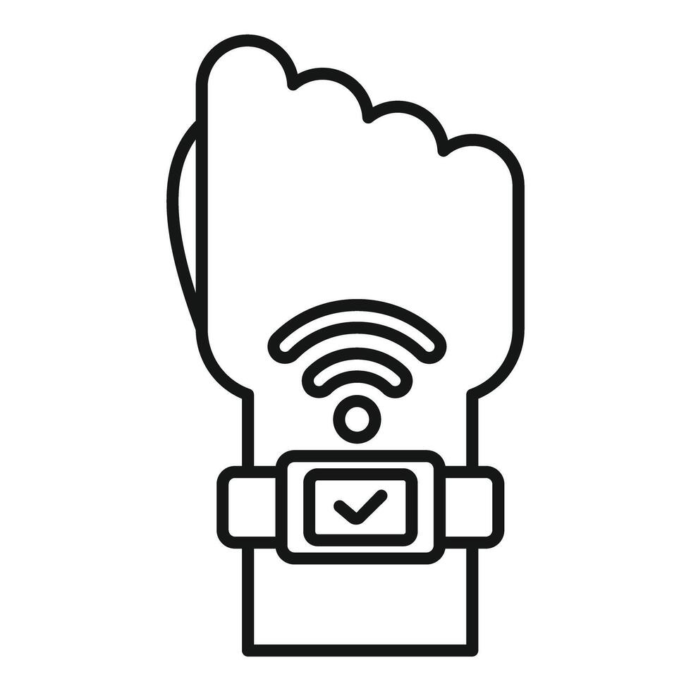 Hand wearing smartwatch with wifi connection showing on screen icon outline vector