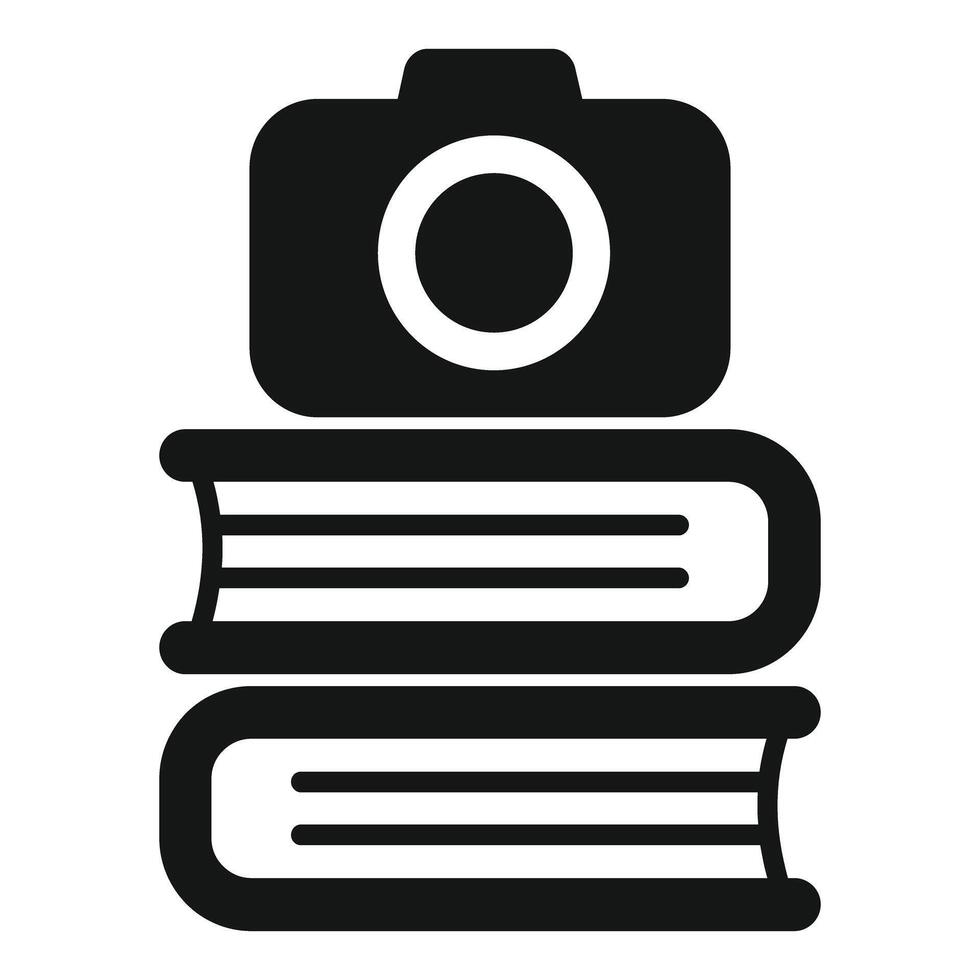 Camera standing on stack of books icon vector