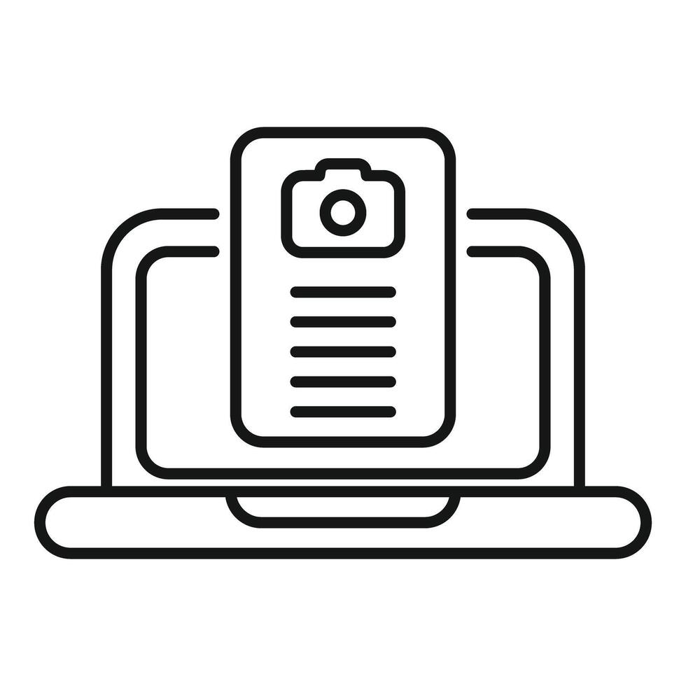 Laptop displaying photography website with camera icon and text lines vector
