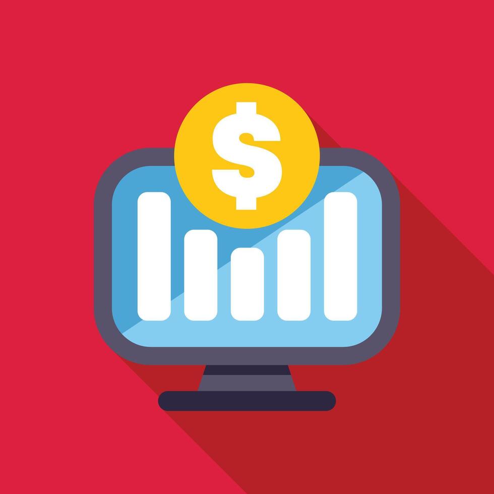 Computer showing increasing statistics with dollar sign on red background vector