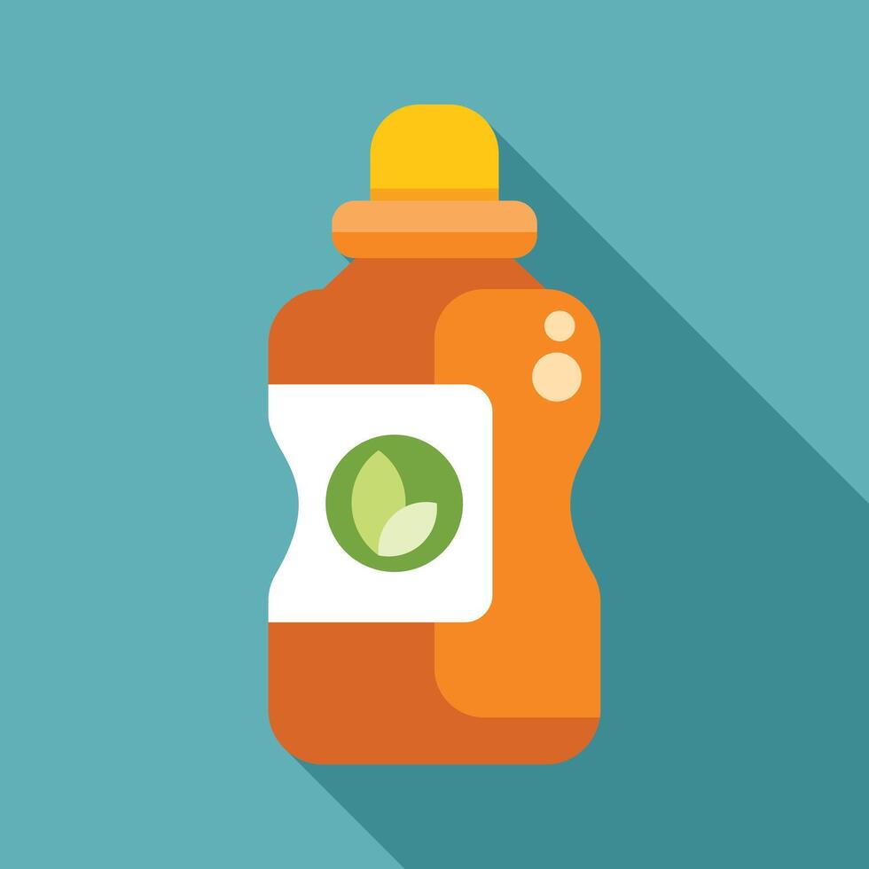 Orange plastic bottle with yellow cap containing bio product with green leaves on white label vector