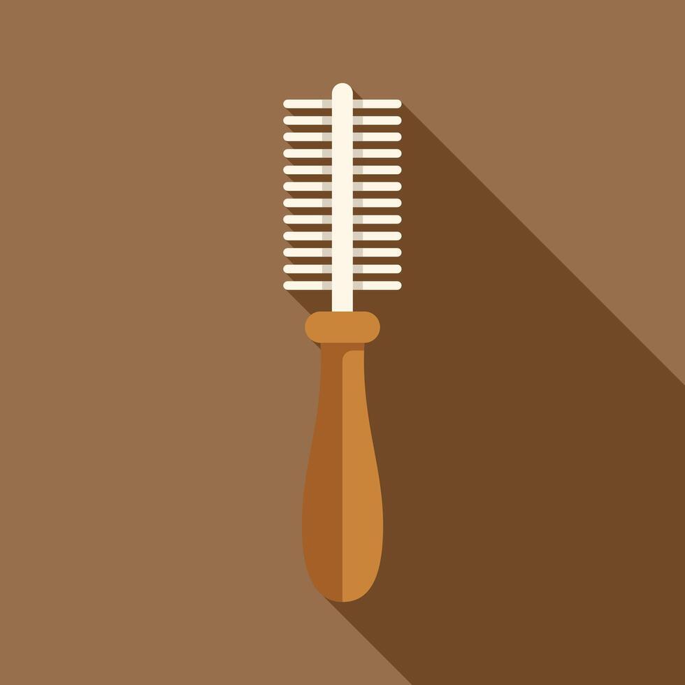 Round hairbrush with wooden handle lying on brown surface with shadow vector