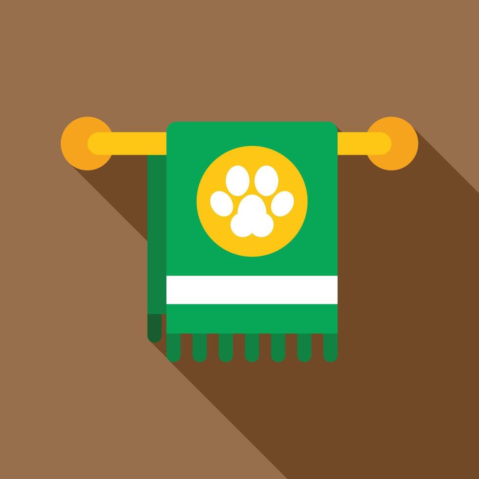 Green towel with paw print hanging on rail in bathroom vector