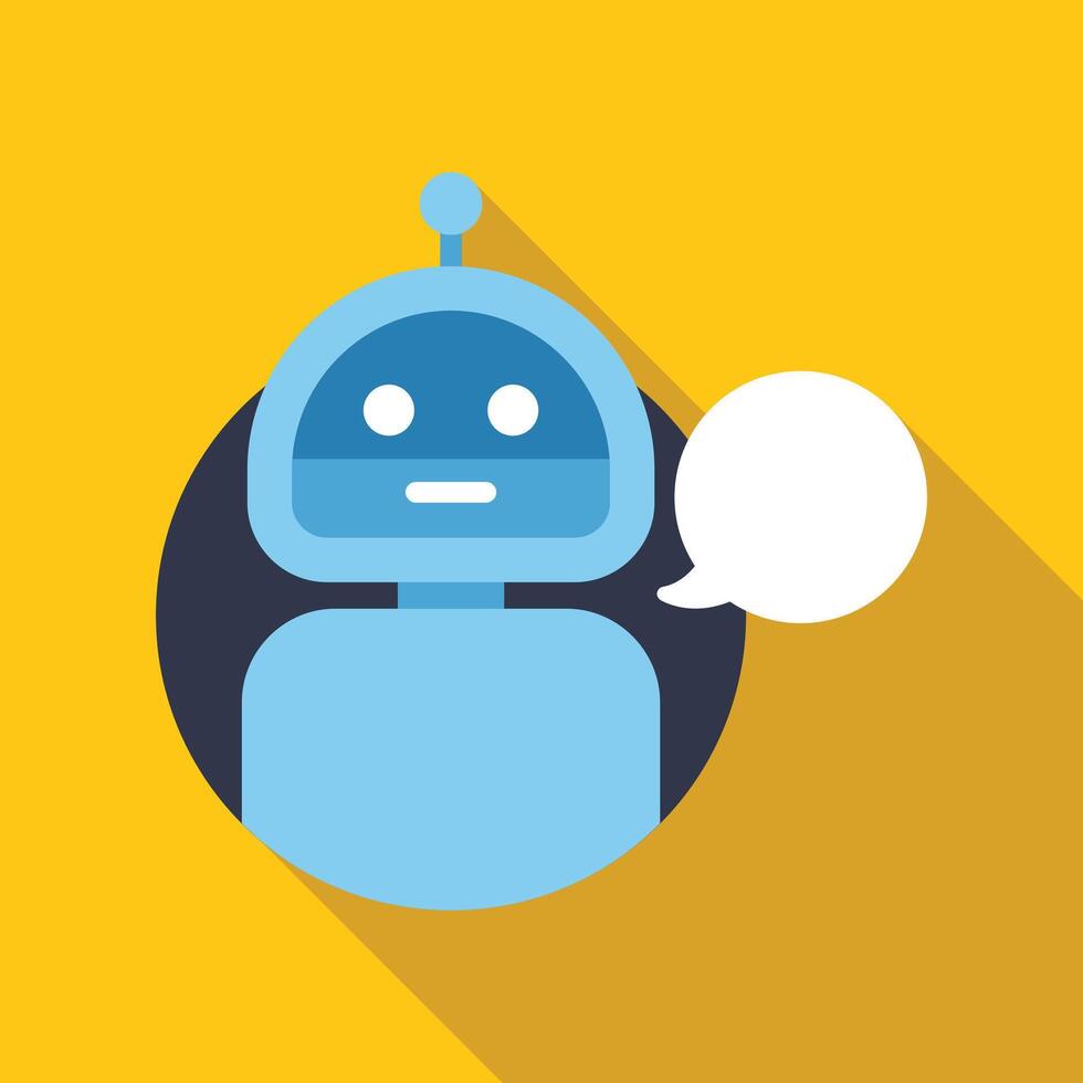 Blue chatbot character speaking with speech bubble on yellow background vector