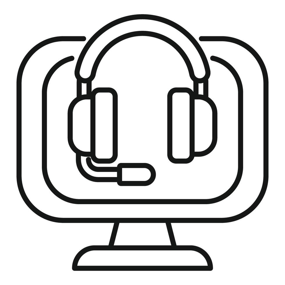 Headset over computer monitor for online support line drawing vector