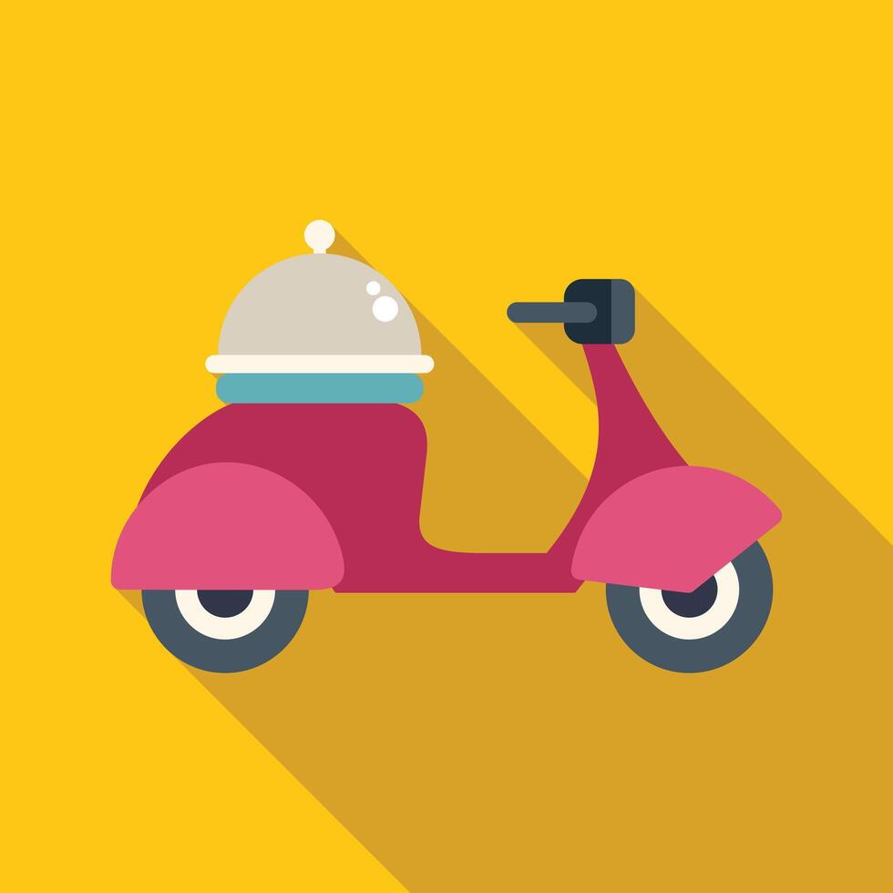 Pink delivery scooter carrying food tray with cover on yellow background vector