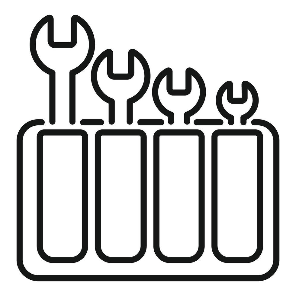 Set of wrenches of different sizes standing in tool organizer box line icon vector