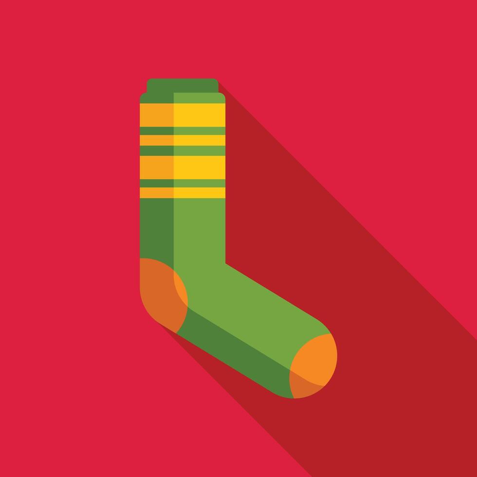 Green sock lying on red background with long shadow flat design icon vector