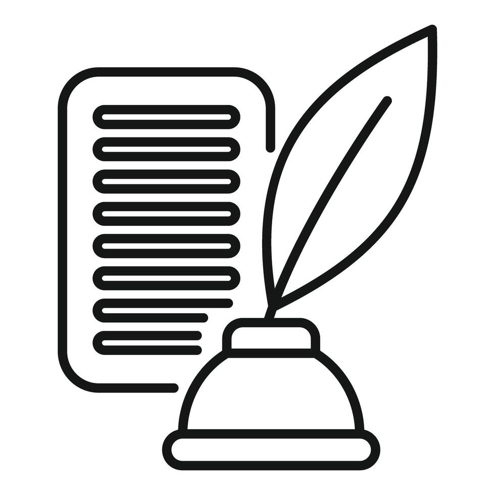 Feather pen standing in inkwell next to paper representing writing process vector
