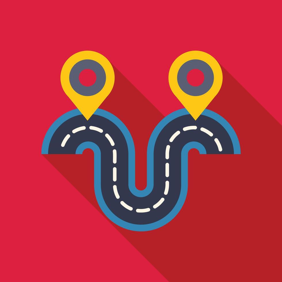 Winding road connecting two map pointers on a red background vector