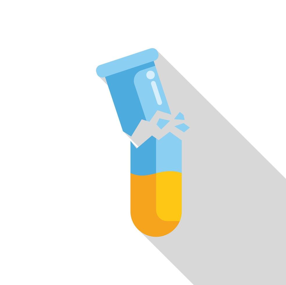 Broken test tube with chemical liquid is leaking flat icon design vector