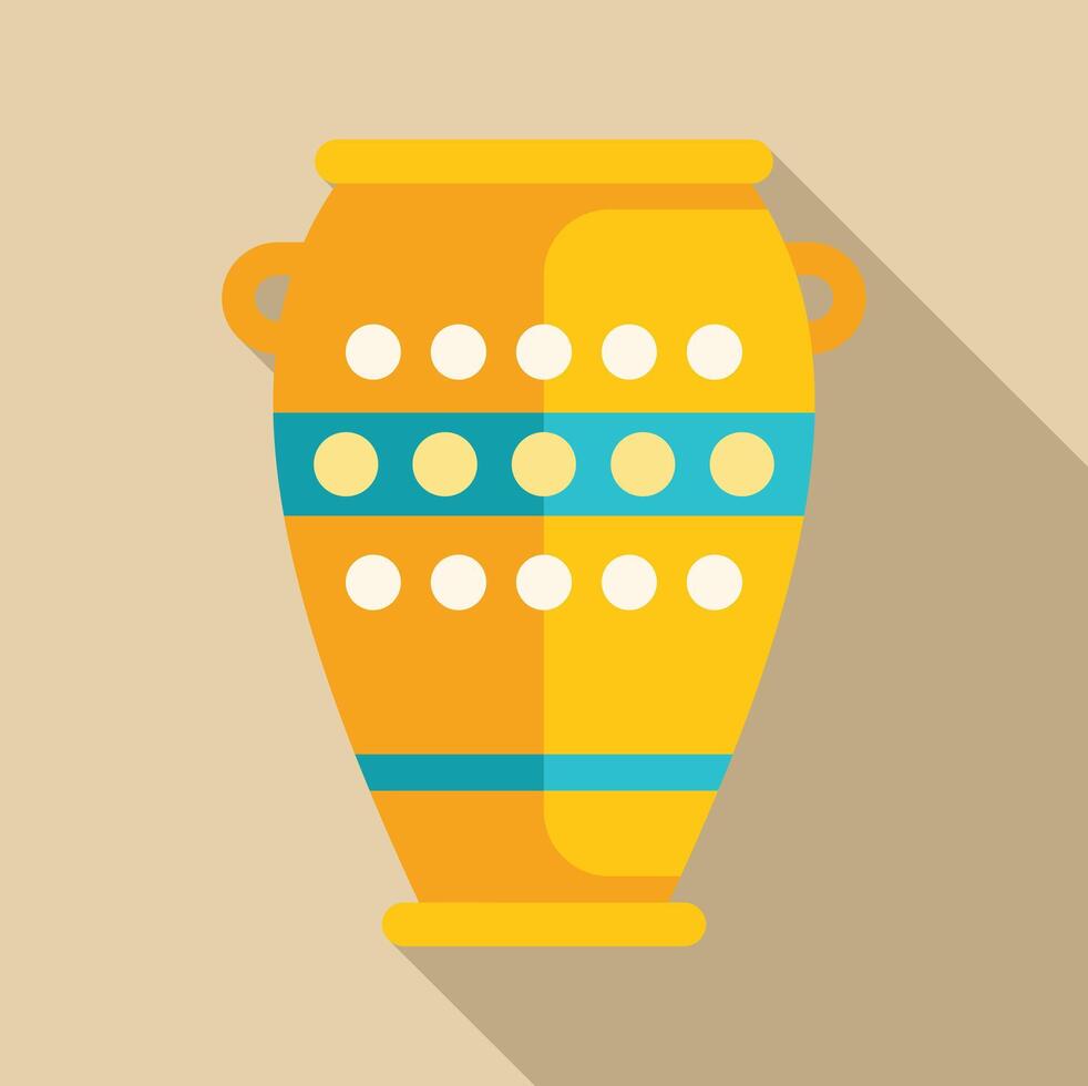 Yellow clay pot with handles and blue and white decoration casting shadow vector