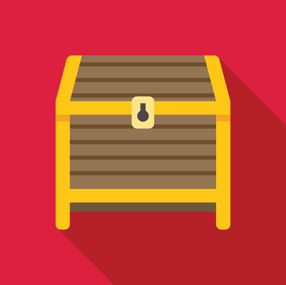 Closed wooden treasure chest with golden frame on red background vector