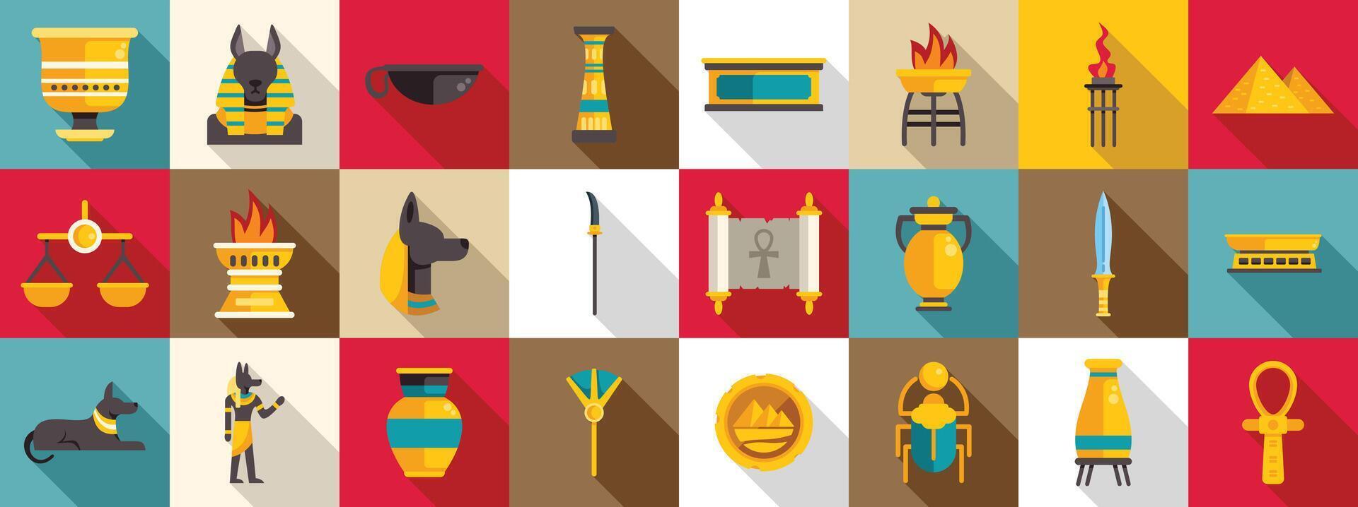 Anubis icons set. Set of ancient egyptian culture symbols representing country and civilization with pyramids and anubis vector