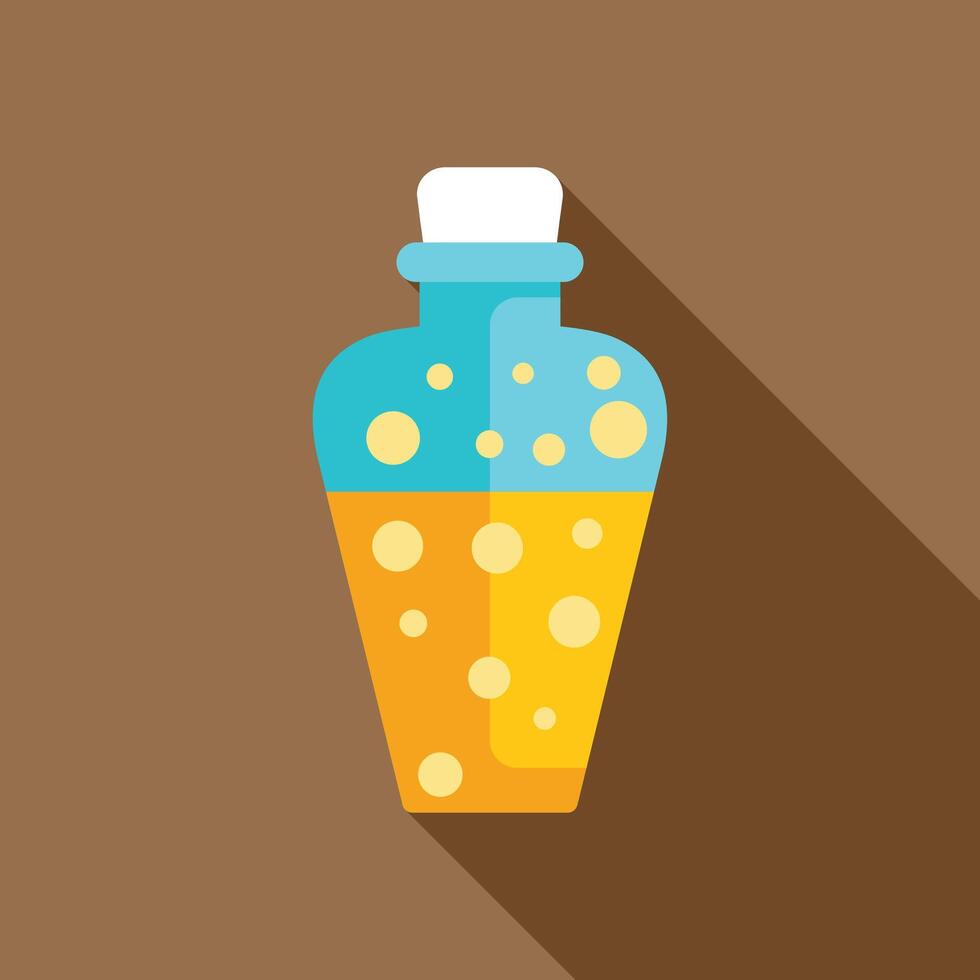 Blue and yellow potion bottle with cork lid containing magic potion vector