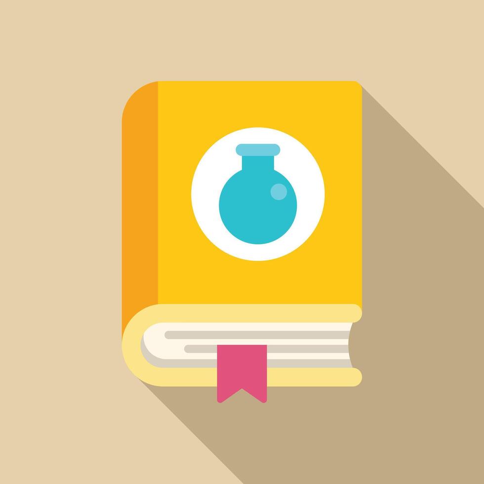 Yellow chemistry book with erlenmeyer flask icon and bookmark ribbon vector