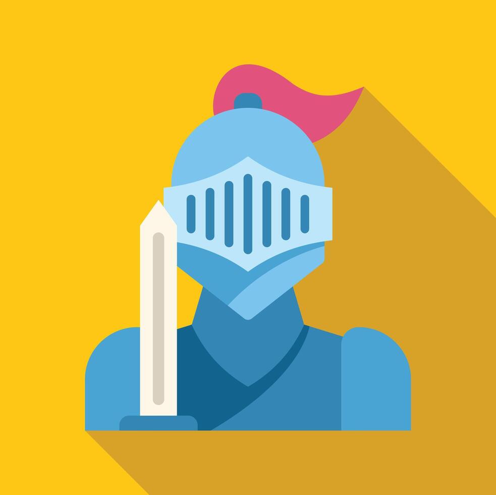 Medieval knight holding sword in full armor flat icon design with long shadow vector
