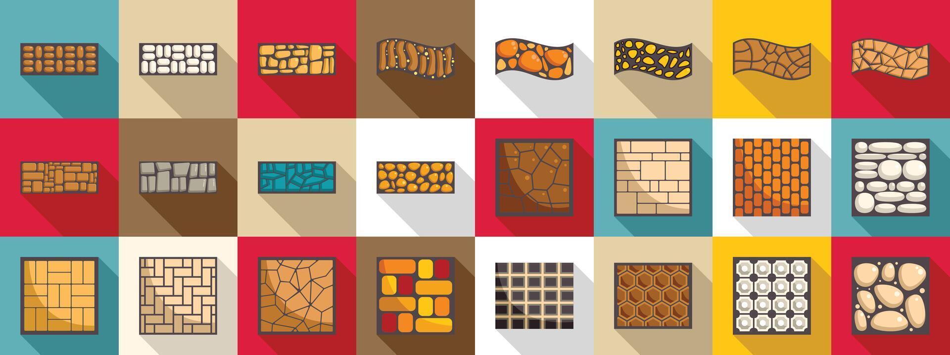 Stone footpath icons set. Set of various paving slabs for building pavement icons in flat style vector