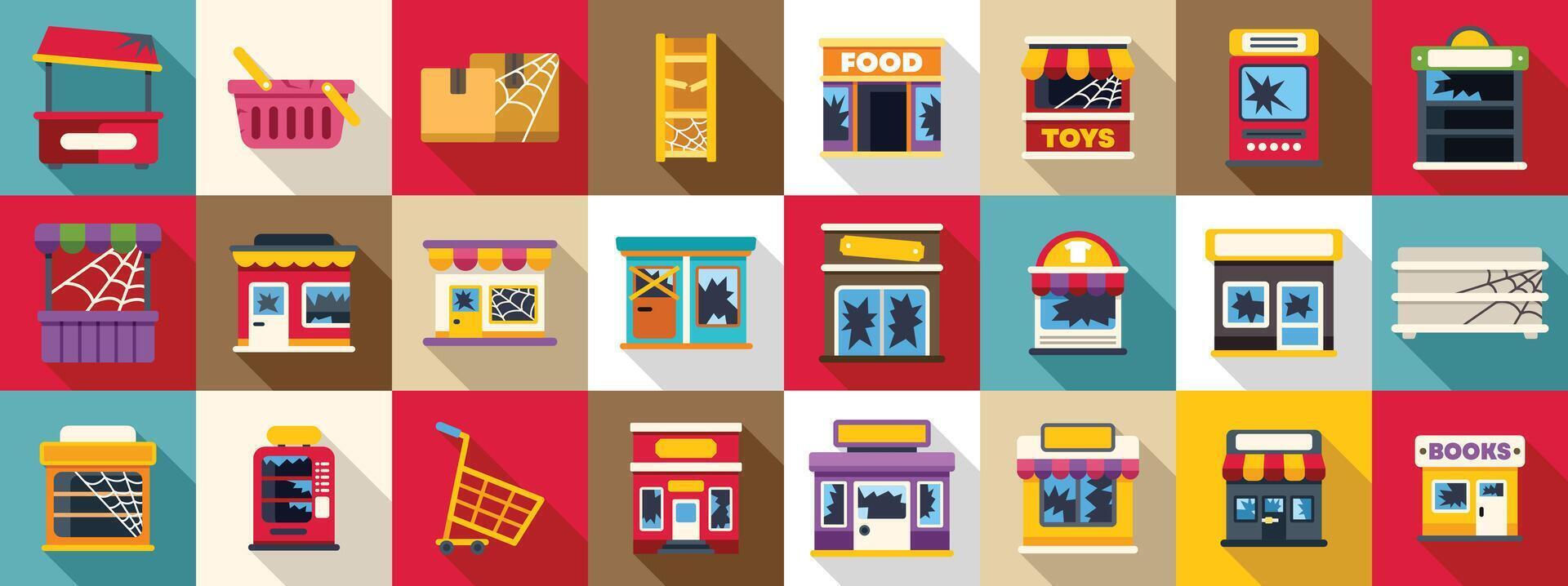 Abandoned store icons set. Collection of small businesses suffering vandalism with broken windows vector