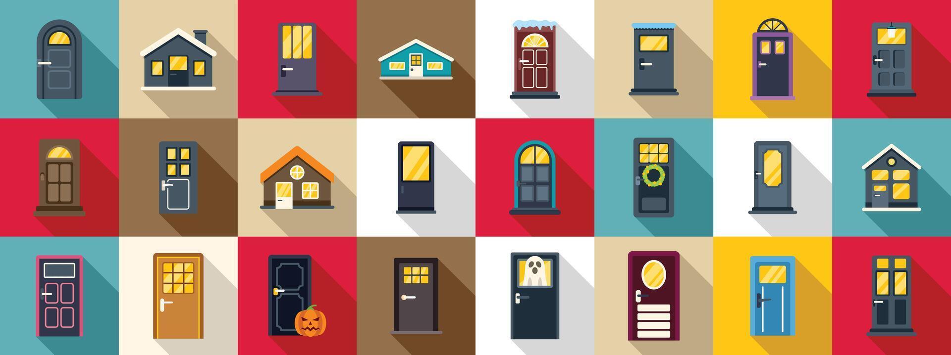 Night house front door icons set. Set of front door icons showing different house entrances with long shadows vector