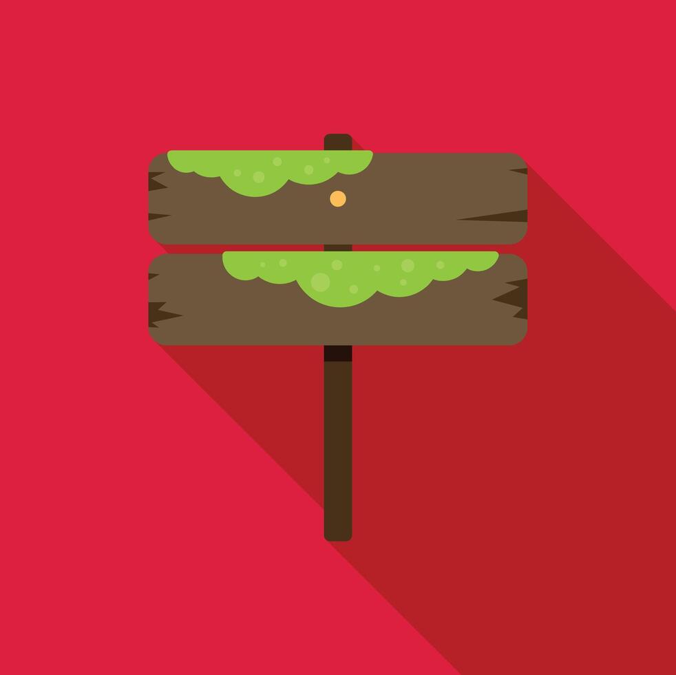 Blank wooden signpost covered with green moss showing direction vector