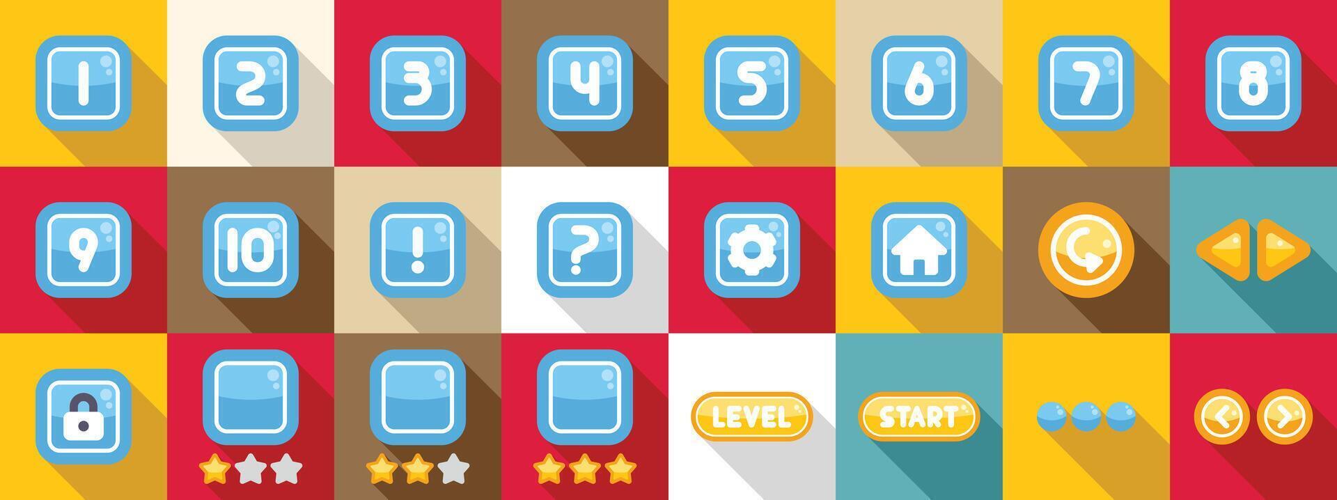 Select game level icons set. Set of buttons for casual games in blue rounded squares design vector