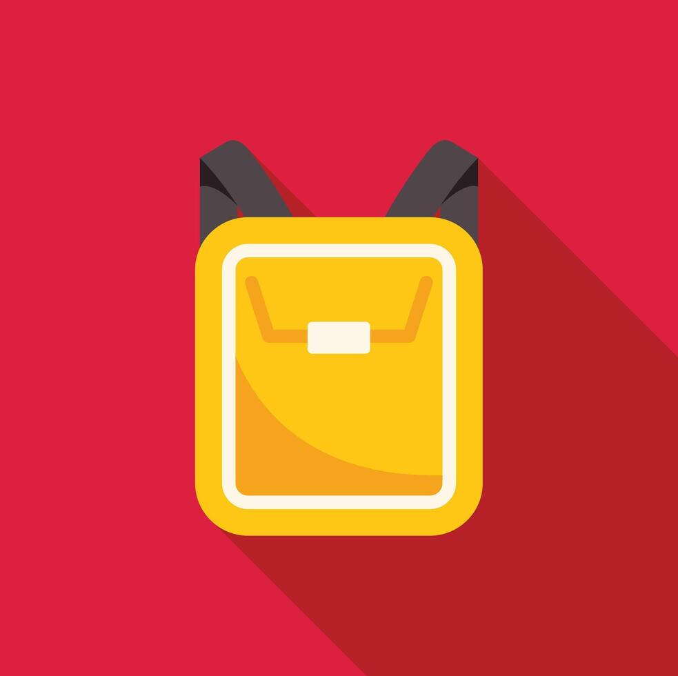 Yellow school backpack icon with long shadow on red background vector