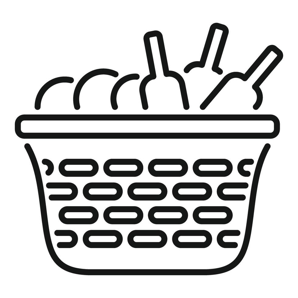 Laundry basket full of dirty clothes and bottles of detergent icon vector