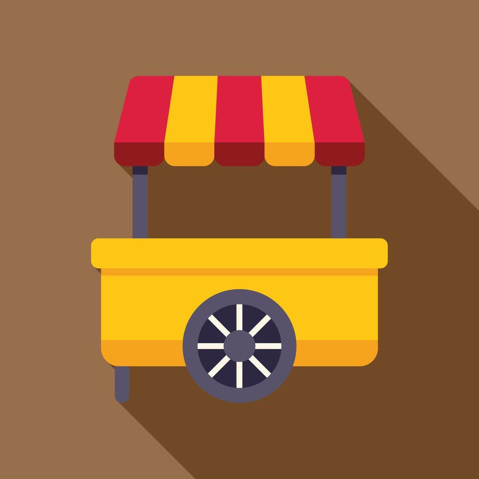 Yellow empty food cart with red awning standing on one wheel vector