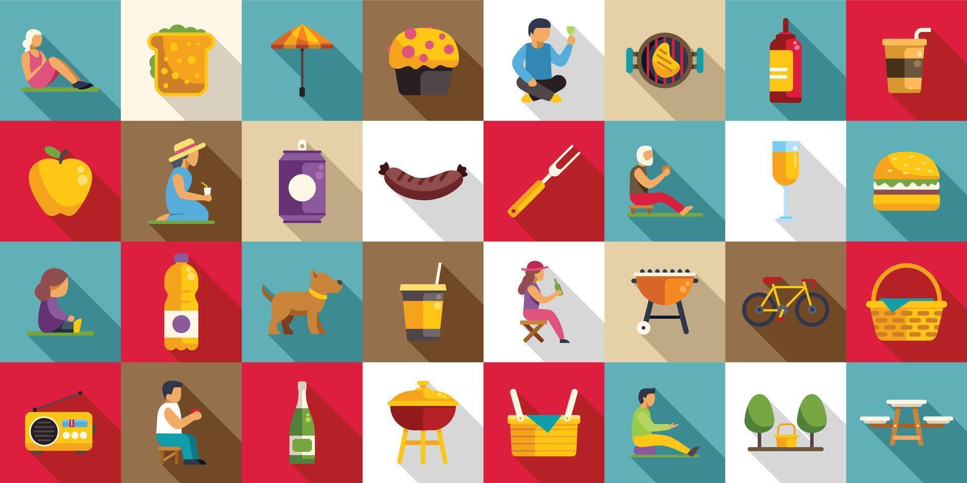 Picnic city park icons set. People enjoying leisure activities outdoors in the park with picnic food and drinks flat design icon set vector