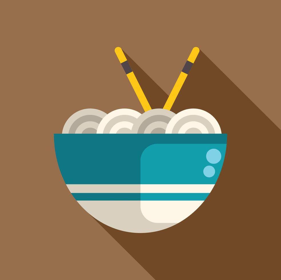Bowl of noodles with chopsticks casting a shadow on brown background vector