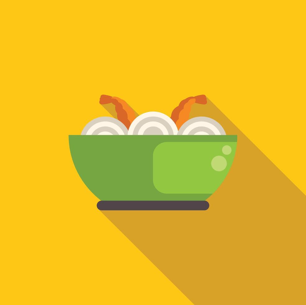 Green bowl with shrimps and noodles on yellow background vector