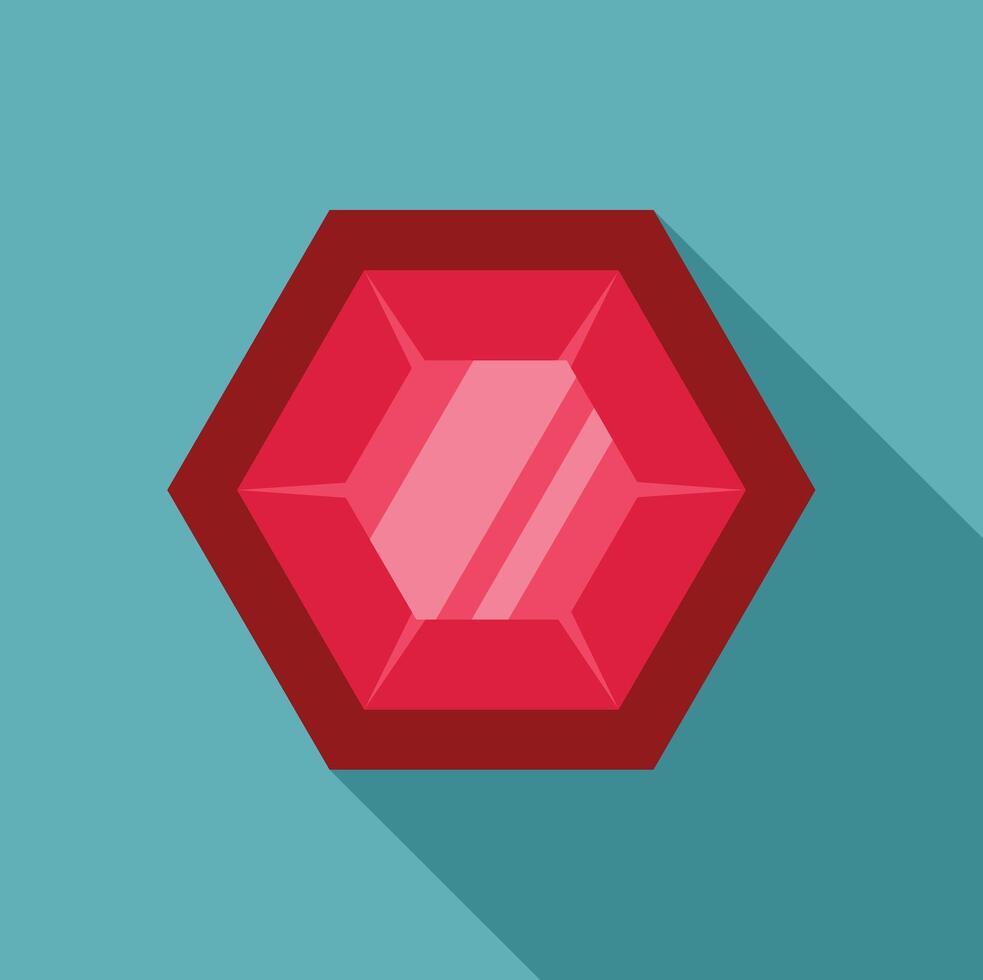 Red hexagon gemstone shining with light reflections vector